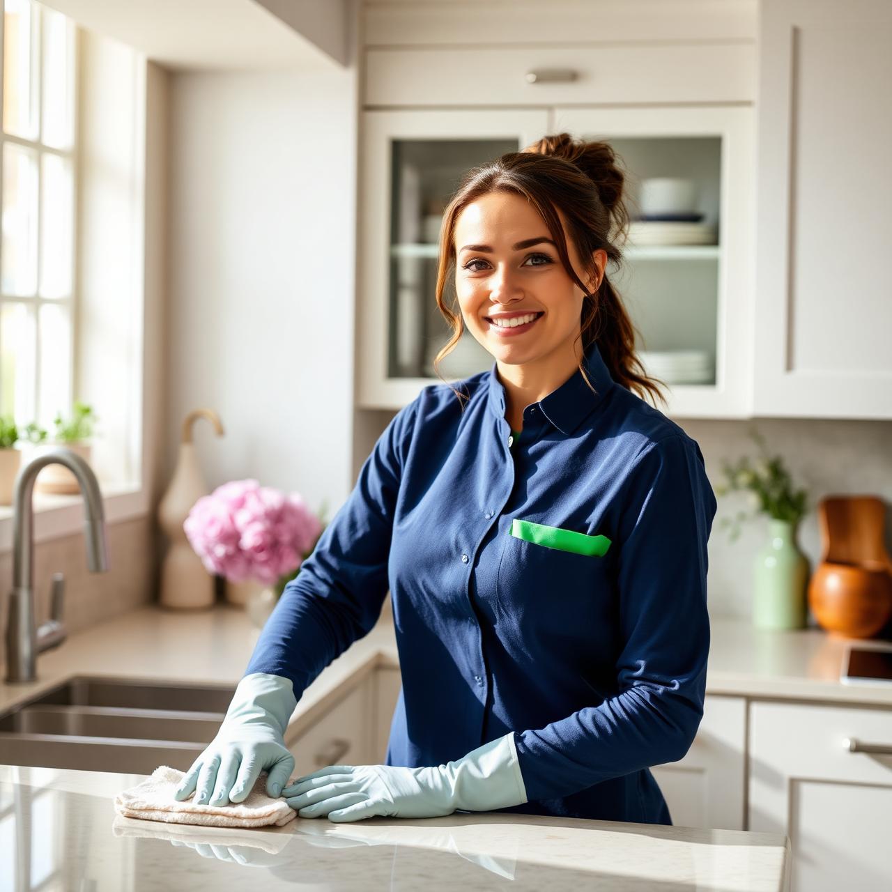 Professional Jackie's cleaner polishing a bright kitchen countertop